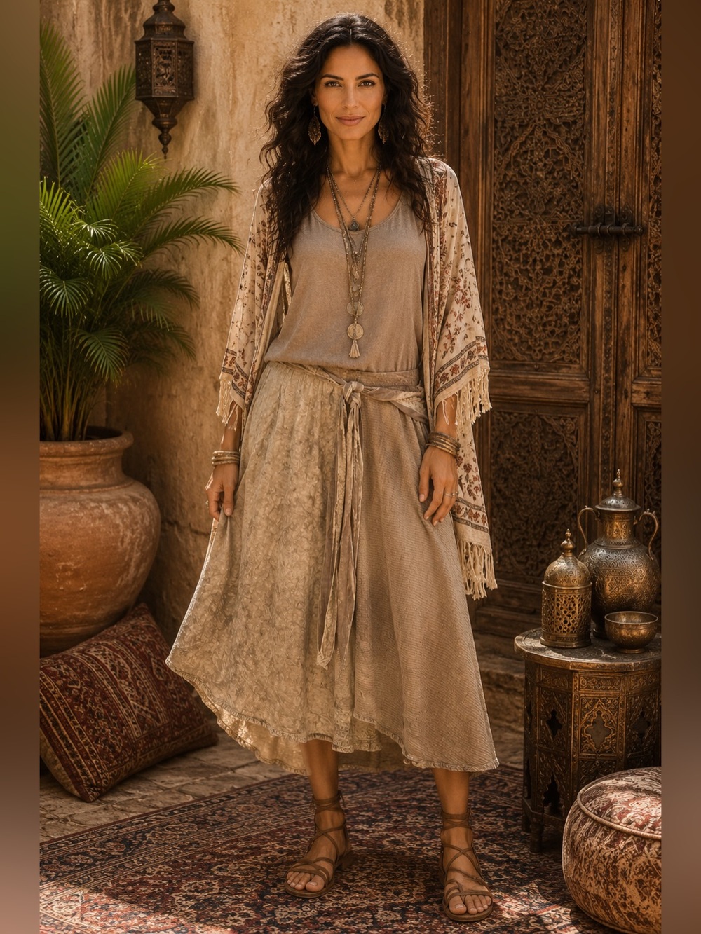H268 NWT Young Threads S w13-14 Light Taupe Maxi Skirt with Tie Waist